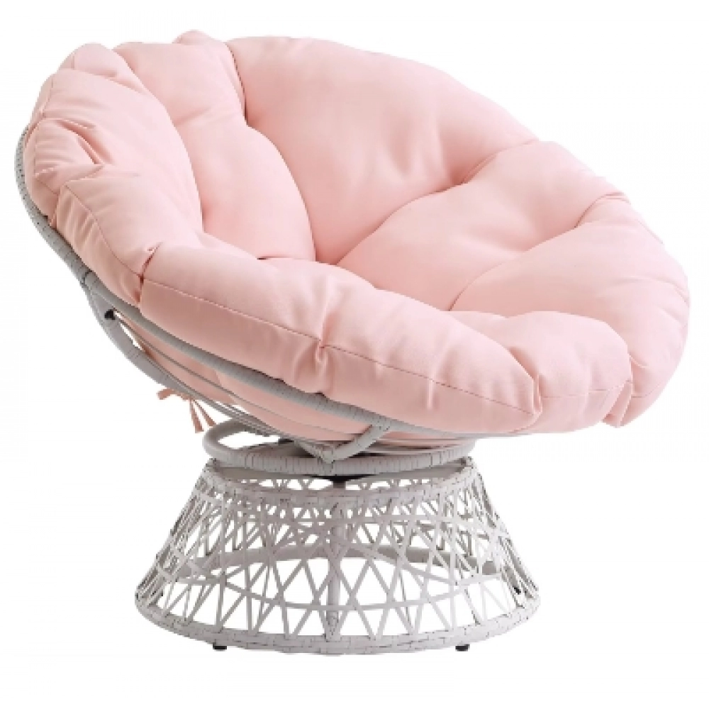 Home Furnishings Wicker Papasan Chair with 360-Degree Swivel, Cream Frame with Pink Cushion