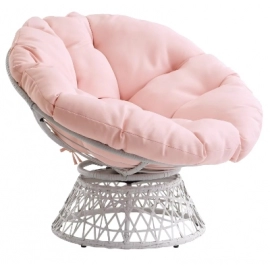 Home Furnishings Wicker Papasan Chair with 360-Degree Swivel, Cream Frame with Pink Cushion